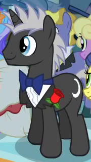 Size: 180x320 | Tagged: safe, derpibooru import, screencap, dark moon, diamond mint, graphite, masquerade, ponet, pony, unicorn, a canterlot wedding, background pony, bowtie, clothes, male, rose, solo focus, stallion