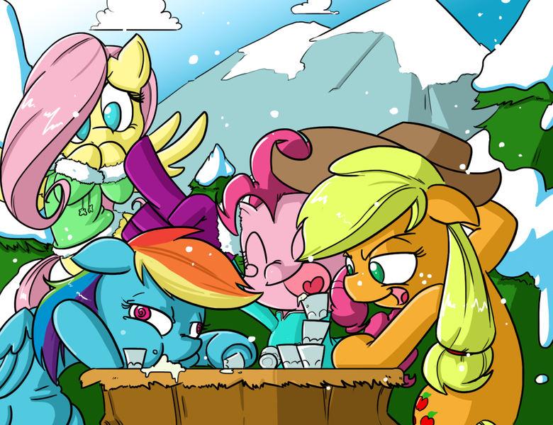 Size: 1300x1000 | Tagged: alcohol, applejack, artist:butts-mcpoop, clothes, derpibooru import, drink, drinking, drinking contest, drunk, drunk aj, drunker dash, eggnog, fluttershy, pinkie pie, rainbow dash, safe, sick, snow, snowfall, table, vomit, winter