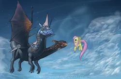 Size: 1392x911 | Tagged: safe, artist:saurabhinator, derpibooru import, fluttershy, dragon, pegasus, pony, cloud, cloudy, crossover, dota, dota 2, female, flying, game, jakiro, mare, multiple heads, sky, smiling, spread wings, two heads, two-headed dragon