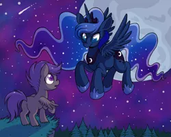 Size: 1200x960 | Tagged: safe, artist:catsncupcakes, derpibooru import, princess luna, scootaloo, alicorn, pegasus, pony, female, filly, flying, forest, looking at each other, mare, moon, night, sky, stars