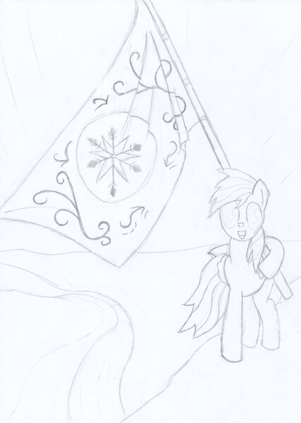 Size: 2484x3492 | Tagged: safe, derpibooru import, rainbow dash, pony, the crystal empire, crystal empire, crystal empire flag, female, flag, grayscale, mare, monochrome, pencil drawing, sketch, solo, traditional art