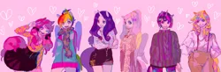 Size: 1245x408 | Tagged: applejack, artist:matsusaka, clothes, derpibooru import, eared humanization, fluttershy, heart, horned humanization, humanized, line-up, mane six, pinkie pie, pixiv, rainbow dash, rarity, safe, shorts, skirt, suspenders, sweater, tailed humanization, tube skirt, twilight sparkle, winged humanization