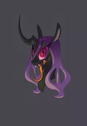 Size: 650x938 | Tagged: safe, artist:carnifex, derpibooru import, changeling queen oc, oc, oc:miasma, unofficial characters only, changeling, changeling queen, bust, changeling oc, female, gradient background, gray background, long tongue, portrait, purple changeling, simple background, solo, tongue out