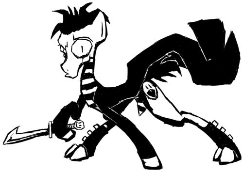 Size: 500x357 | Tagged: artist needed, source needed, safe, derpibooru import, ponified, earth pony, pony, clothes, cloven hooves, johnny the homicidal maniac, jthm, male, monochrome, solo, stallion