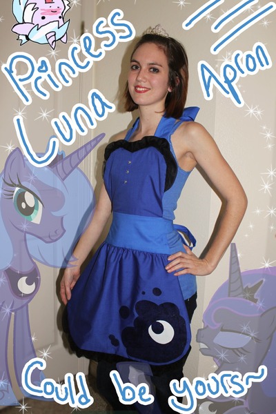 Size: 1280x1920 | Tagged: artist needed, safe, derpibooru import, princess luna, alicorn, human, pony, apron, clothes, costume, female, irl, irl human, mare, multeity, photo, s1 luna