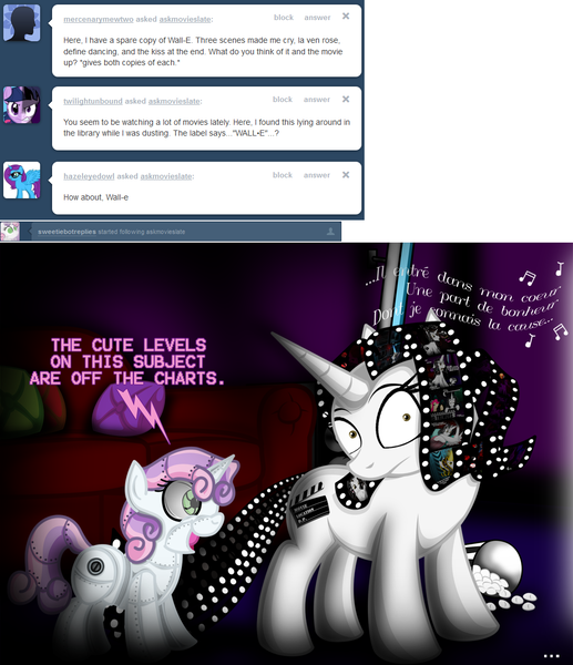 Size: 1000x1160 | Tagged: safe, artist:jamescorck, derpibooru import, sweetie belle, oc, oc:movie slate, pony, robot, unicorn, ask, female, filly, foal, hooves, horn, mare, marshmallow, sweetie bot, tumblr, wall-e