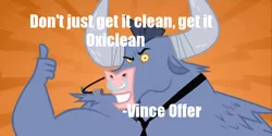 Size: 680x339 | Tagged: caption, derpibooru import, edit, edited screencap, iron will, looking at you, male, microphone, minotaur, necktie, nose piercing, nose ring, oxiclean, piercing, safe, screencap, smiling, solo, text, thumbs up, troll quote, vince offer