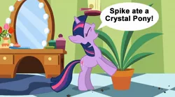 Size: 854x475 | Tagged: safe, derpibooru import, edit, edited screencap, screencap, twilight sparkle, pony, unicorn, green isn't your color, exploitable meme, forced meme, implied cannibalism, meme, potted plant, secret pot meme, solo, speech bubble, tasty empire, unicorn twilight