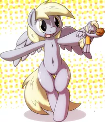 Size: 841x977 | Tagged: anthro, apron, artist:tg-0, belly button, chest fluff, clothes, cute, derpibooru import, derpy hooves, muffin, playing, playing with oneself, safe, semi-anthro, solo, underp