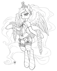 Size: 1563x1941 | Tagged: alicorn, artist:tt-n, black and white, clothes, corset, derpibooru import, feather boa, female, frilly underwear, grayscale, lace, lineart, lingerie, mare, monochrome, panties, princess celestia, ribbon, semi-anthro, simple background, solo, solo female, stockings, suggestive, underwear, white background