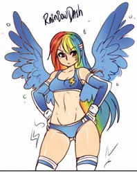 Size: 475x600 | Tagged: artist:maniacpaint, belly button, breasts, busty rainbow dash, clothes, cropped, curvy, derpibooru import, evening gloves, female, human, humanized, looking at you, midriff, rainbow dash, shorts, solo, solo female, sports bra, stockings, suggestive, winged humanization