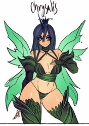 Size: 423x600 | Tagged: suggestive, artist:maniacpaint, derpibooru import, queen chrysalis, human, breasts, busty queen chrysalis, clothes, cropped, curvy, evening gloves, female, fingerless gloves, gloves, horned humanization, humanized, panties, solo, solo female, stockings, underwear, winged humanization