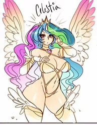 Size: 464x600 | Tagged: artist:maniacpaint, breasts, busty princess celestia, clothes, cropped, curvy, derpibooru import, evening gloves, female, fingerless gloves, gloves, horned humanization, human, humanized, panties, princess celestia, solo, solo female, stockings, suggestive, underwear, winged humanization