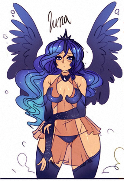 Size: 410x600 | Tagged: artist:maniacpaint, belly button, breasts, busty princess luna, clothes, cropped, curvy, derpibooru import, evening gloves, female, fingerless gloves, gloves, horned humanization, human, humanized, looking at you, panties, princess luna, see-through, simple background, solo, solo female, spread wings, stockings, suggestive, underwear, white background, winged humanization
