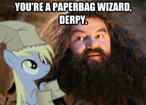 Size: 498x359 | Tagged: safe, derpibooru import, derpy hooves, pegasus, pony, all caps, female, harry potter, image macro, impact font, mare, meme, paper bag, paper bag wizard, photo, rubeus hagrid