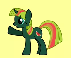 Size: 506x414 | Tagged: safe, derpibooru import, oc, unofficial characters only, food pony, original species, pony, unicorn, pony creator, female, freckles, mare, pointing, solo, watermelon