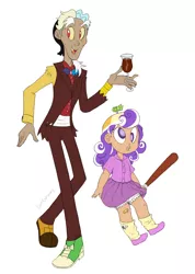 Size: 868x1216 | Tagged: artist:girgrunny, baseball bat, based on song and pmv, bloomers, chaos, clothes, daddy discord, derpibooru import, discord, disharmony, father and daughter, female, gentleman, glass, hat, humanized, male, propeller hat, safe, screwball, simple background, skinny, skirt, swirly eyes, upskirt, white background