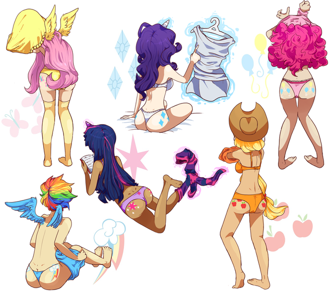 Size: 964x857 | Tagged: applebutt, applejack, artist:kuiox, ass, balloonbutt, blue underwear, both cutie marks, braless, breasts, clothes, cutie mark underwear, derpibooru import, flutterbutt, fluttershy, frilly underwear, horned humanization, human, humanized, mane six, mane six plots, orange underwear, panties, pinkie pie, pink underwear, purple underwear, rainbow dash, rainbutt dash, rarity, rearity, suggestive, thong, twibutt, twilight sparkle, underwear, undressing, white underwear, winged humanization, yellow underwear