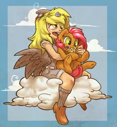 Size: 916x1000 | Tagged: safe, artist:atryl, derpibooru import, babs seed, derpy hooves, earth pony, human, pony, cloud, duo, food, human derpy, humanized, muffin, sky, square crossover, winged humanization