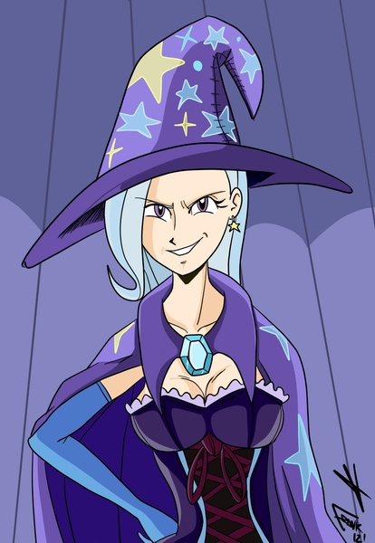 Size: 1018x1476 | Tagged: suggestive, artist:frankaraya, derpibooru import, trixie, human, breasts, busty trixie, cape, clothes, corset, female, hat, humanized, looking at you, smiling, solo, solo female, trixie's cape, trixie's hat