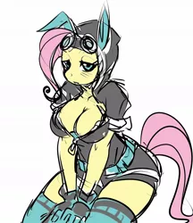 Size: 1018x1178 | Tagged: suggestive, artist:maniacpaint, derpibooru import, fluttershy, anthro, adorasexy, big breasts, breasts, bunny ears, busty fluttershy, cleavage, clothes, cute, dangerous mission outfit, female, gloves, goggles, hoodie, image, jpeg, looking at you, sexy, simple background, socks, solo, solo female, stockings, thigh highs, white background