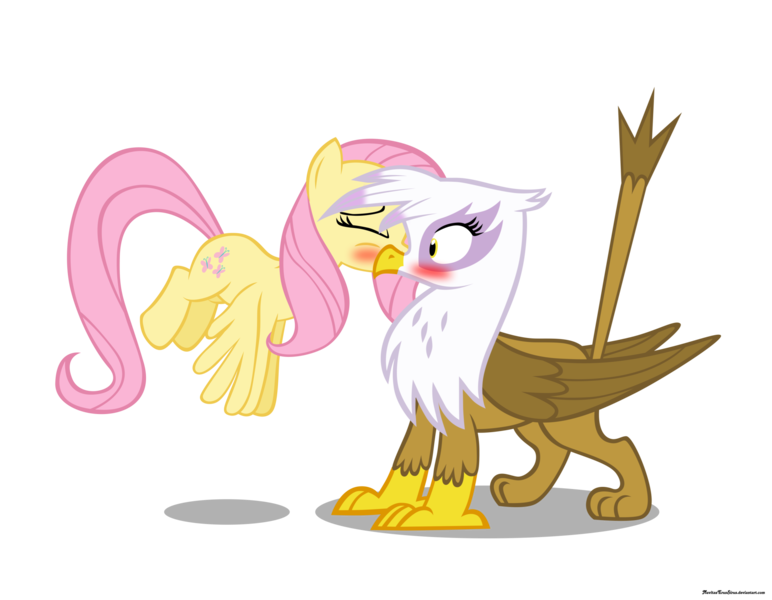 Size: 2205x1713 | Tagged: safe, artist:navitaserussirus, derpibooru import, fluttershy, gilda, gryphon, female, gildashy, kissing, lesbian, shipping, simple background, tailboner, transparent background, vector