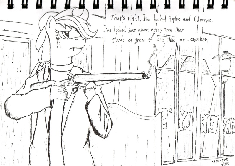 Size: 2470x1748 | Tagged: safe, artist:atiarotias, artist:trelwin, derpibooru import, applejack, earth pony, pony, arm hooves, bandana, clothes, coffin, crossover, doodle, female, frown, glare, gun, hooves, mare, monochrome, scar, shotgun, sketch, smoke, solo, the unforgiven, unshorn fetlocks