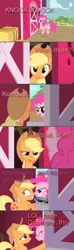 Size: 380x1288 | Tagged: applejack, comic, derpibooru import, edit, edited screencap, gummy, gun, knock knock joke, kumquat, party of one, pinkie pie, safe, screencap, screencap comic, weapon