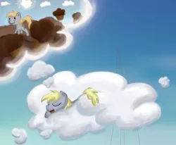 Size: 1024x845 | Tagged: dead source, safe, artist:sloverdable, derpibooru import, derpy hooves, pegasus, pony, cloud, dream, female, image, mare, muffin, png, prone, sky, sleeping