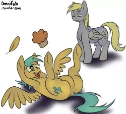 Size: 1024x926 | Tagged: safe, artist:omnifob, derpibooru import, derpy hooves, sunshower raindrops, pegasus, pony, 30 minute art challenge, body swap, featureless crotch, female, mare, muffin, role reversal, unamused