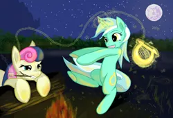 Size: 5197x3538 | Tagged: safe, artist:etiluos, derpibooru import, bon bon, lyra heartstrings, sweetie drops, absurd resolution, campfire, camping, female, fire, food, lesbian, lyrabon, lyre, magic, mare in the moon, marshmallow, moon, music, music notes, night, shipping, telekinesis