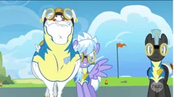 Size: 1421x797 | Tagged: safe, derpibooru import, screencap, bulk biceps, cloudchaser, roid rage, thunderlane, pegasus, pony, wonderbolts academy, cloudrage, frown, grin, ponies standing next to each other, smiling, spread wings, wide eyes, wonderbolt trainee uniform