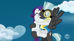 Size: 1413x793 | Tagged: safe, derpibooru import, screencap, rarity, thunderlane, pegasus, pony, unicorn, wonderbolts academy, carrying, cloud, duo, eyes closed, female, flying, hub logo, hug, lead pony badge, male, mare, sky, smiling, stallion