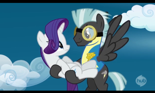 Size: 587x352 | Tagged: safe, derpibooru import, screencap, rarity, thunderlane, pegasus, pony, unicorn, wonderbolts academy, carrying, clothes, cloud, duo, female, flying, goggles, lead pony badge, male, mare, sky, stallion, uniform, wonderbolt trainee uniform