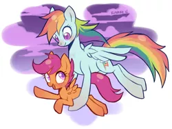 Size: 1200x901 | Tagged: artist:kunaike, derpibooru import, flying, rainbow dash, safe, scootaloo, scootalove