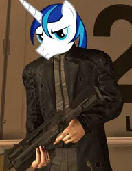 Size: 560x730 | Tagged: safe, derpibooru import, edit, shining armor, human, pony, unicorn, adam jensen, clothes, deus ex, deus ex: human revolution, gun, hand, leather, longcoat, rifle, slapped on ponies, solo, trigger discipline