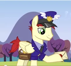 Size: 384x358 | Tagged: safe, derpibooru import, edit, edited screencap, screencap, care package, special delivery, pegasus, pony, wonderbolts academy, cropped, hat, mailpony, male, mountain, name, necktie, postman's hat, solo, tree