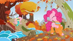 Size: 1920x1080 | Tagged: artist:mick-o-maikeru, autumn, clothes, derpibooru import, fluttershy, happy, hat, leg warmers, pinkie pie, safe, scarf