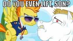 Size: 587x330 | Tagged: safe, derpibooru import, bulk biceps, roid rage, spitfire, wonderbolts academy, do you even lift, image macro