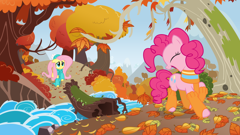 Size: 1920x1080 | Tagged: safe, artist:mick-o-maikeru, derpibooru import, fluttershy, pinkie pie, earth pony, pegasus, pony, autumn, beanie, clothes, eye, eyes, female, hat, leaves, leg warmers, log, mare, open mouth, river, scarf, smiling, socks, stream, tree