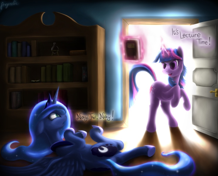 Size: 2477x2000 | Tagged: safe, artist:angerelic, derpibooru import, princess luna, twilight sparkle, alicorn, pony, unicorn, book, cute, dialogue, door, female, floppy ears, frown, glowing horn, goofy time, horn, lesbian, lunabetes, magic, mare, open mouth, parody, rearing, reference, scared, shipping, side, smiling, telekinesis, twiabetes, twiluna, wide eyes