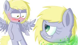 Size: 1164x664 | Tagged: artist:extradan, blushing, clone, derpibooru import, derpy hooves, disguise, disguised changeling, drool, imminent sex, lip bite, oc, oc:jerky hooves, spread wings, suggestive, wingboner, wings