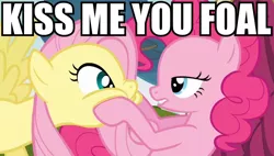 Size: 818x466 | Tagged: safe, derpibooru import, edit, edited screencap, screencap, fluttershy, pinkie pie, earth pony, pegasus, pony, too many pinkie pies, bedroom eyes, face grab, female, flutterpie, image macro, kiss me, lesbian, mare, shipping, squishy cheeks