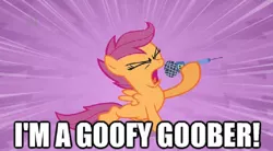 Size: 800x441 | Tagged: derpibooru import, edit, edited screencap, goofy goober, image macro, microphone, reference, safe, scootaloo, screencap, solo, spongebob squarepants, the show stoppers, the spongebob squarepants movie