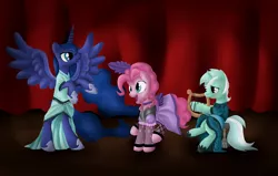 Size: 4707x3000 | Tagged: artist:shiv3ry, derpibooru import, lyra heartstrings, lyre, pinkie pie, princess luna, safe, saloon dress