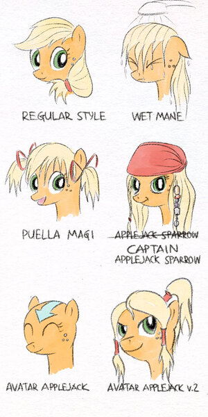 Size: 500x1000 | Tagged: alternate hairstyle, applejack, artist:el-yeguero, avatar the last airbender, bald, crossover, hatless, jack sparrow, loose hair, missing accessory, pirates of the caribbean, puella magi madoka magica, safe, the legend of korra, wet mane