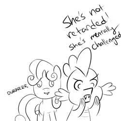 Size: 1024x1024 | Tagged: artist:megasweet, edit, mentally challenged, monochrome, safe, spike, sweetie belle, sweetie derp, sweetiedumb