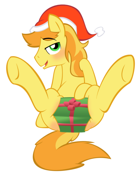 Size: 1455x1851 | Tagged: suggestive, artist:acstlu, derpibooru import, braeburn, blushing, braebutt, christmas, covering, dick in a box, male, plot, present, presenting, simple background, solo, solo male, stupid sexy braeburn, underhoof