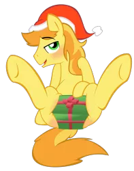 Size: 1455x1851 | Tagged: suggestive, artist:acstlu, derpibooru import, braeburn, blushing, braebutt, christmas, covering, dick in a box, male, plot, present, presenting, simple background, solo, solo male, stupid sexy braeburn, underhoof