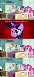 Size: 699x1554 | Tagged: safe, derpibooru import, edit, edited screencap, screencap, fluttershy, pinkie pie, rainbow dash, twilight sparkle, earth pony, pegasus, pony, unicorn, bed, blanket, comic, dialogue, egg, egghead, eyes closed, frown, glare, gritted teeth, hospital, hospital bed, hospital gown, lamp, literal, luigi, mama luigi, open mouth, pillow, pointing, pun, super mario bros., super mario world, wat